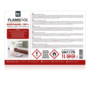 Flasche Flambiol Bioethanol 100% für Edelstahl-Tischkamine, 90 x 1 Liter.