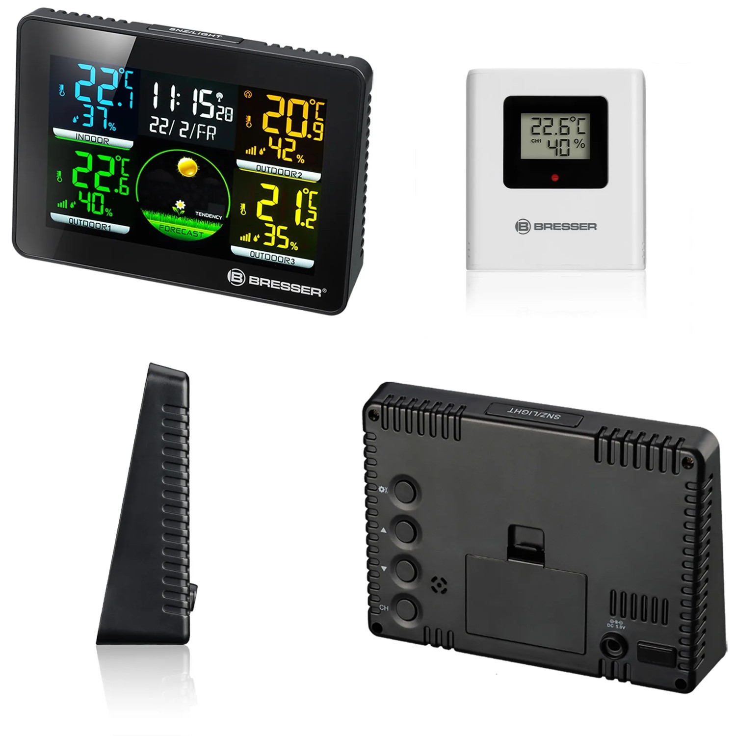 Bresser Thermo-Hygrometer Quadro NLX mit 3 Sensoren, Wetterstation mit Farbdisplay.