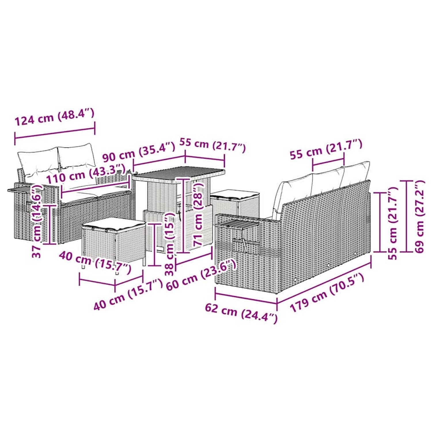 vidaXL Gartenmöbel-Set, 8-teilig, beige Poly Rattan, mit Sofa, Sessel, Hocker und Tisch. Abmessungen siehe Bild.
