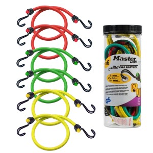 Master Lock Spannseil Set, 6-teilig, bunt, mit Aufbewahrungsdose. Spanngurte in verschiedenen Längen.