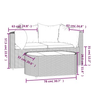 vidaXL Garten-Lounge-Set, 3-teilig, grau, Poly Rattan, mit Kissen, Maße siehe Detailzeichnung