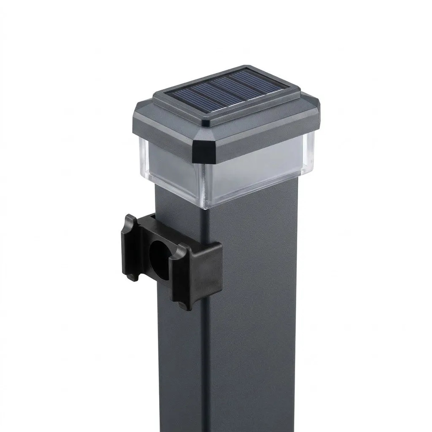 Graue 6040 Solar Zaunleuchte mit Solarpanel und LED auf einem Zaunpfosten. Zubehör für Stabmattenzäune.