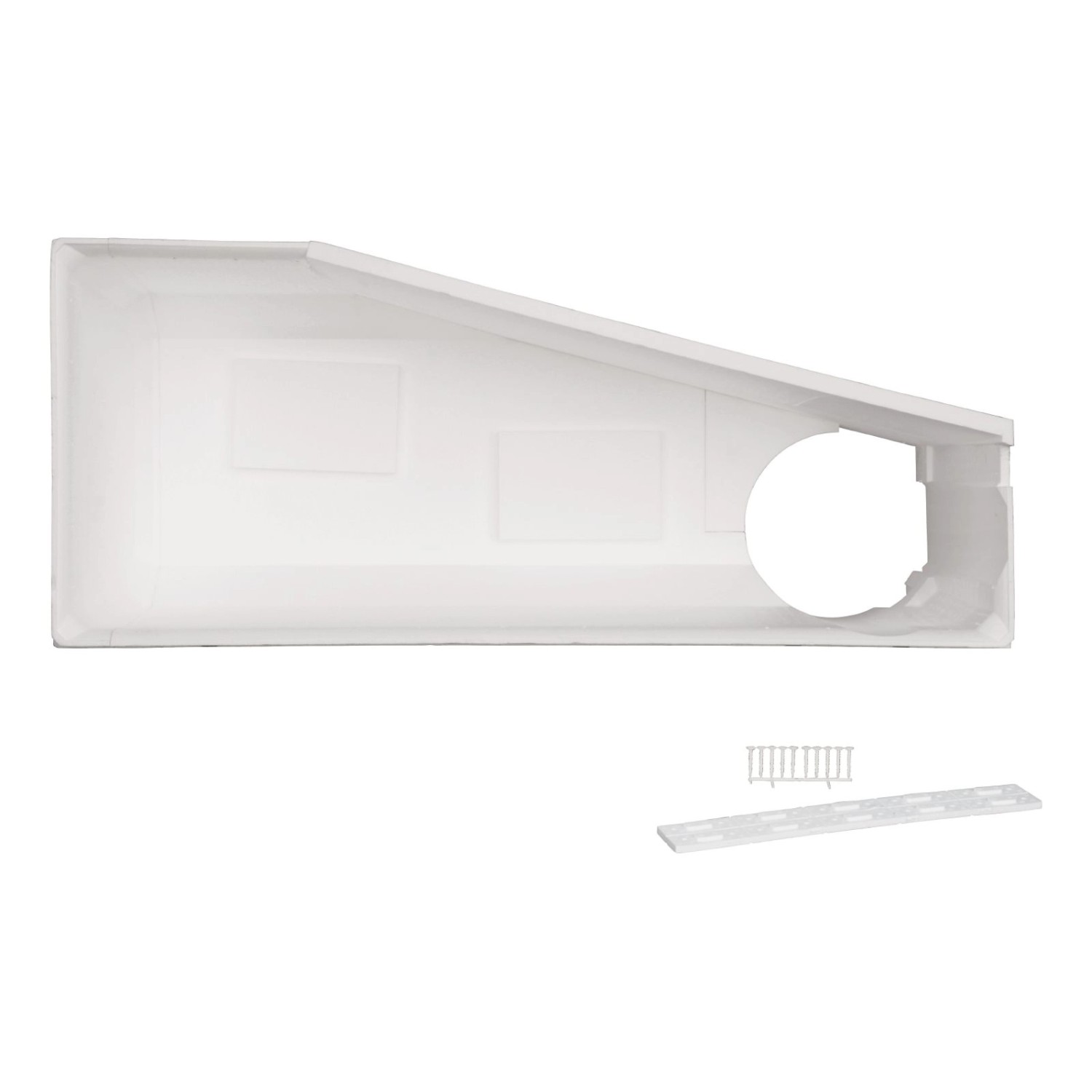 Raumsparwanne Essential Small 160x70 cm links, mit Wannenträger und Ablaufgarnitur.