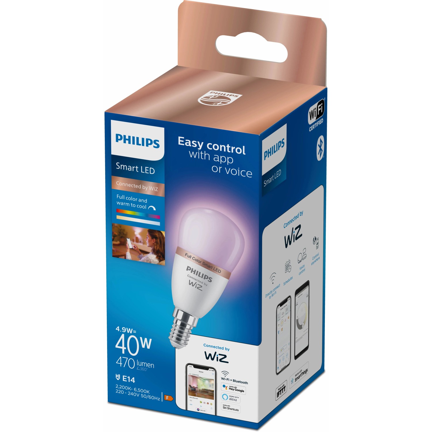 Philips Smart LED Leuchtmittel E14, 40W, Tropfenform, Tunable White & Color, in Verpackung.
