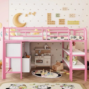 Rosa Metall-Hochbett 90x200cm mit Stauraum und Treppe im Kinderzimmer. Sicheres Kinderbett mit Ablagen.