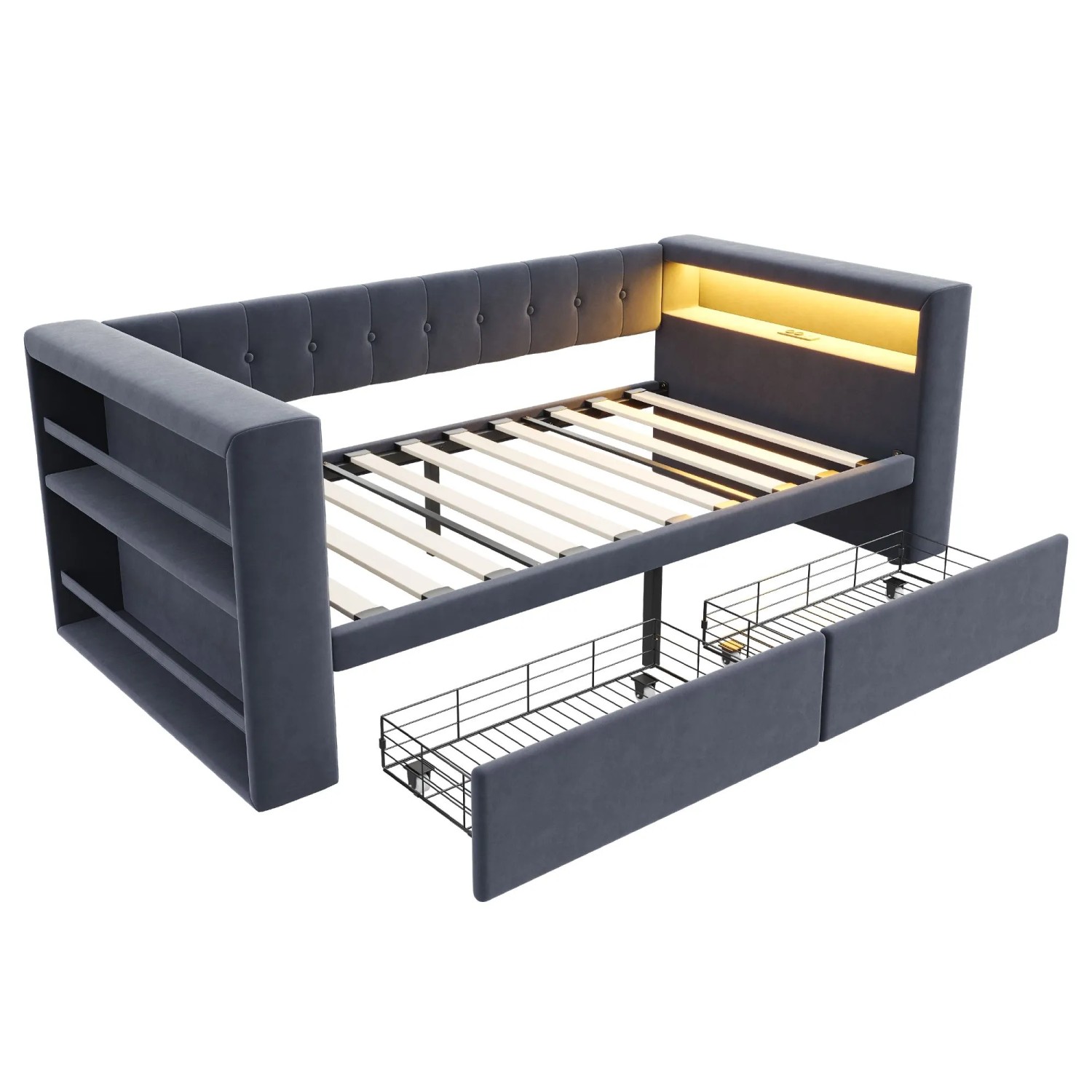 Merax Polsterbett 90x190cm LED Stauraum Schlafsofa Dunkelgrau