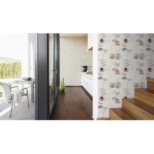 A.S. Creation Strukturprofiltapete Faro 4, Kaffee Beige, mit Kaffeetassen-Motiv in Wohnraum.