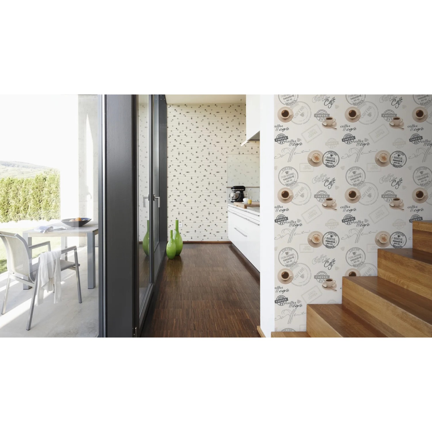 A.S. Creation Strukturprofiltapete Faro 4, Kaffee Beige, mit Kaffeetassen-Motiv in Wohnraum.