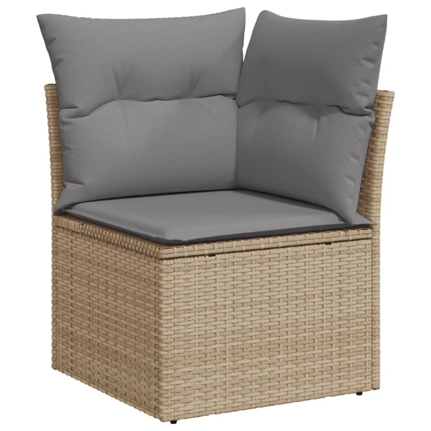 Beige Garten-Sofagarnitur Ecke aus Polyrattan mit grauen Kissen. Teil der vidaXL 8-Tlg. Gartenmöbel Set.