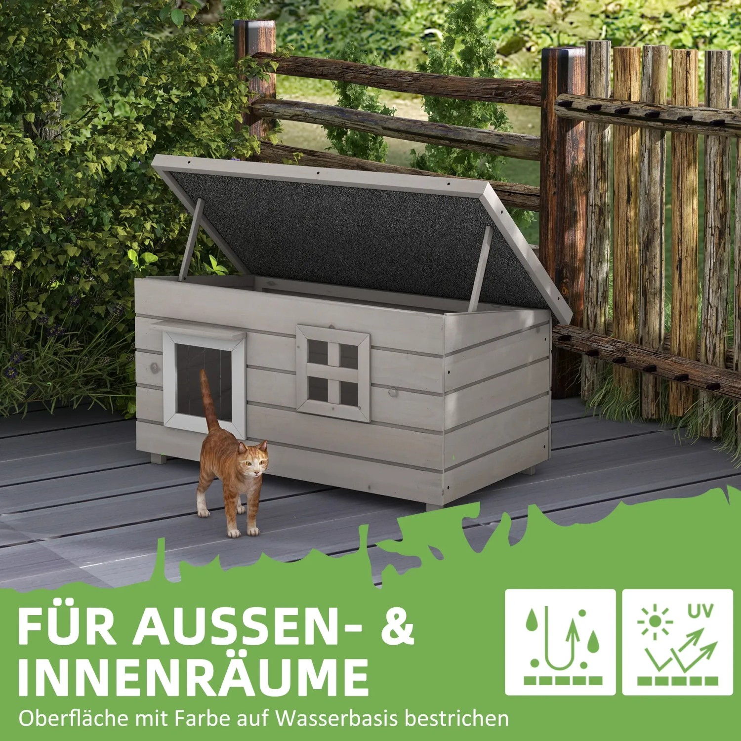PawHut Katzenhaus mit geöffnetem Asphaltdach und Fenster, Katze davor.
