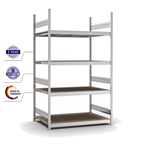 Verzinktes PROREGAL Weitspannregal mit 4 Spanplatten-Ebenen, Fachlast 350 kg, Stecksystem.