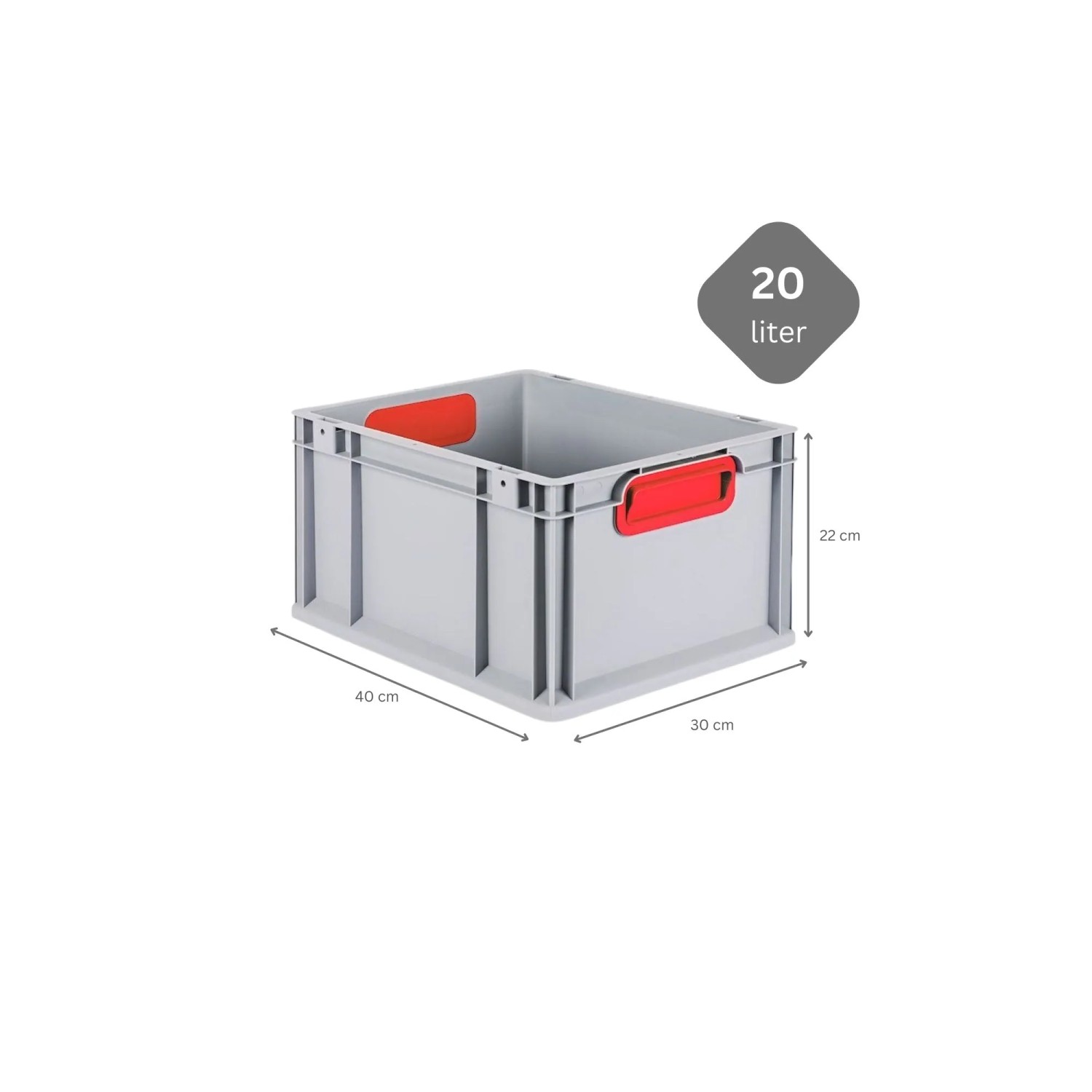 Graue PROREGAL Eurobox mit roten Griffen, 22x30x40 cm, als Aufbewahrungsbox.