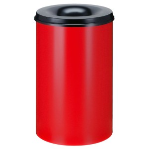 Roter, selbstlöschender Metall-Papierkorb mit schwarzem Deckel, 110 Liter.