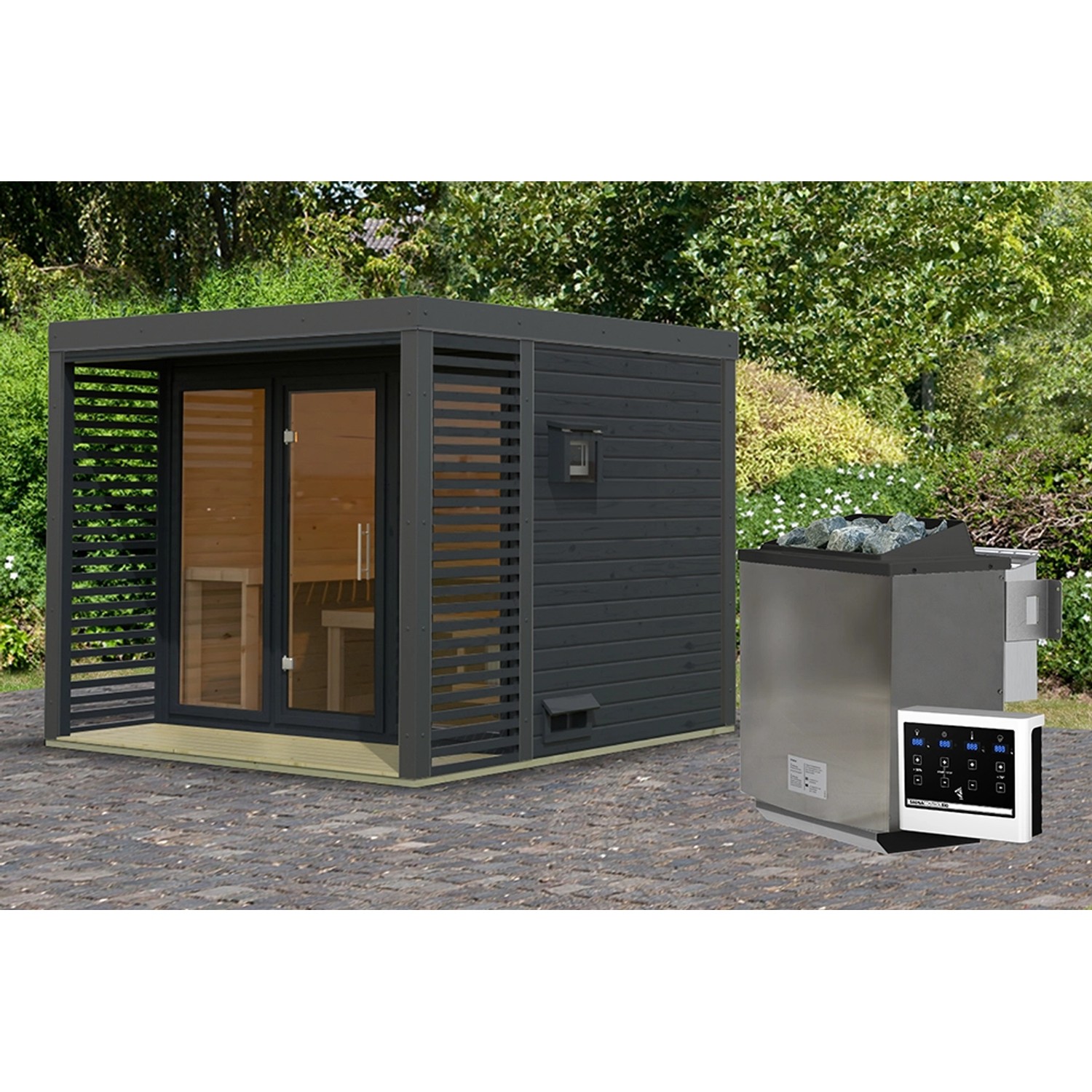 Karibu Saunahaus Seros 3 in Anthrazit mit Ofen und Steuerung im Garten.