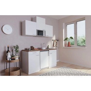 Weiße Respekta Economy Küchenzeile KB150WWMIC (150 cm) mit Glaskeramikkochfeld, Mikrowelle und Kühlschrank.