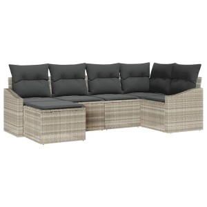 Hellgraue vidaXL Garten Essgruppe aus Poly Rattan mit dunklen Kissen und Stauraum, 6-teilig, modular.