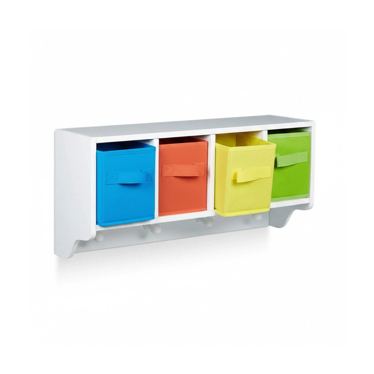 Relaxdays Kinder Wandregal MDF Weiß mit Kleiderhaken und 4 Boxen 61 cm x 16 cm x 28 cm 4,4 kg