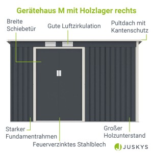 Juskys Metall Gerätehaus M anthrazit mit Holzunterstand rechts.