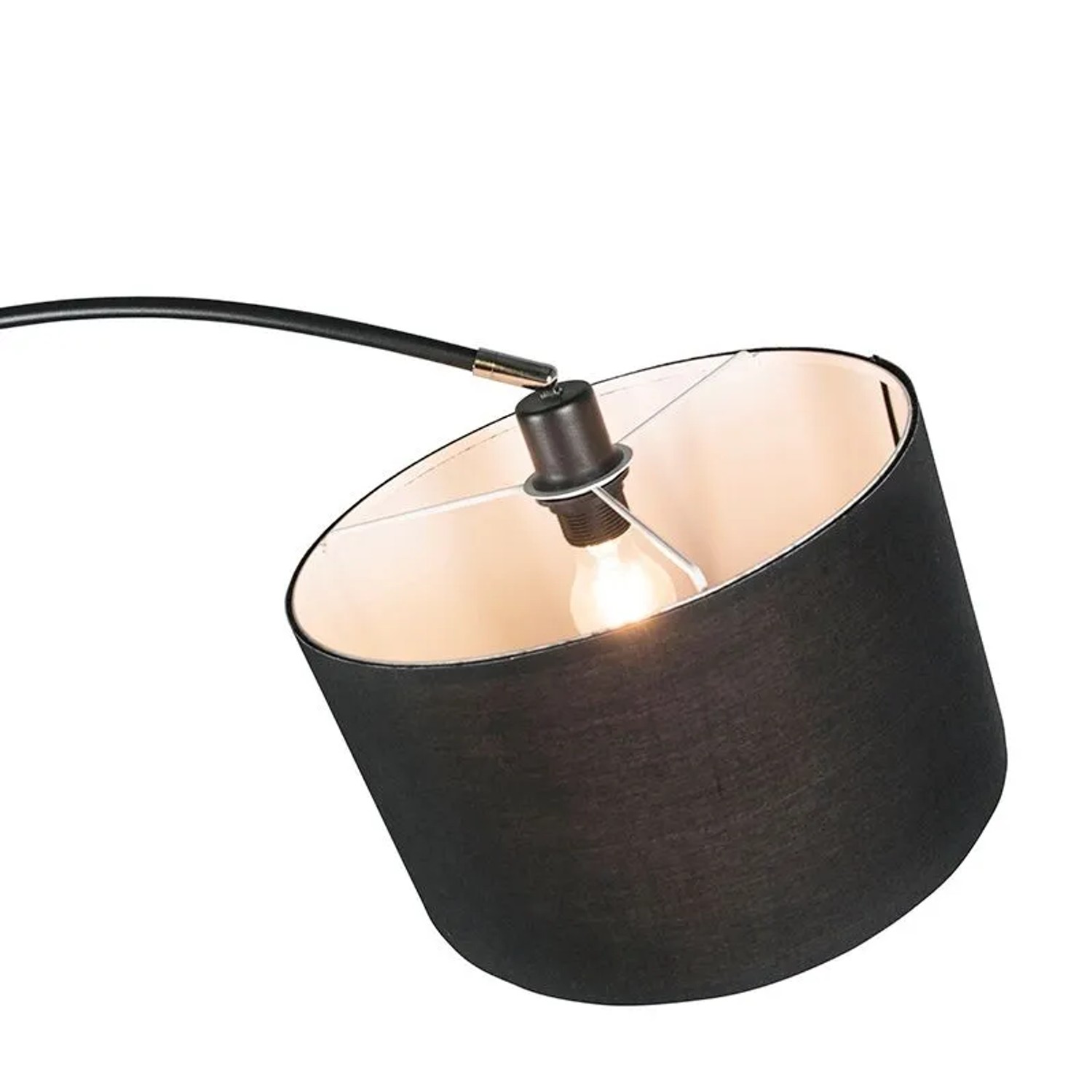 Detailaufnahme: Schwarze QAZQA Bogenlampe Vinossa mit Lampenschirm und E27 Fassung.