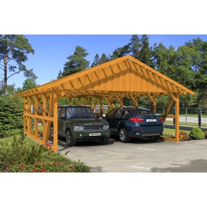 Skan Holz Carport Schwarzwald Eiche, Fachwerk-Carport mit Abstellraum und zwei geparkten Autos.