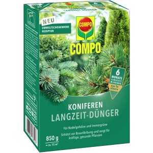 Compo Koniferen Langzeit-Dünger 850g für gesunde, grüne Nadelgehölze.