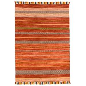 Terrakotta Kelim Teppich (70x140cm) mit Streifen und Fransen. Naturteppich für Wohnräume.