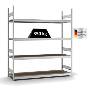 Verzinktes PROREGAL Weitspannregal mit 4 Ebenen und Spanplatten. Fachlast 350 kg, ideal für Regale & Regalböden.