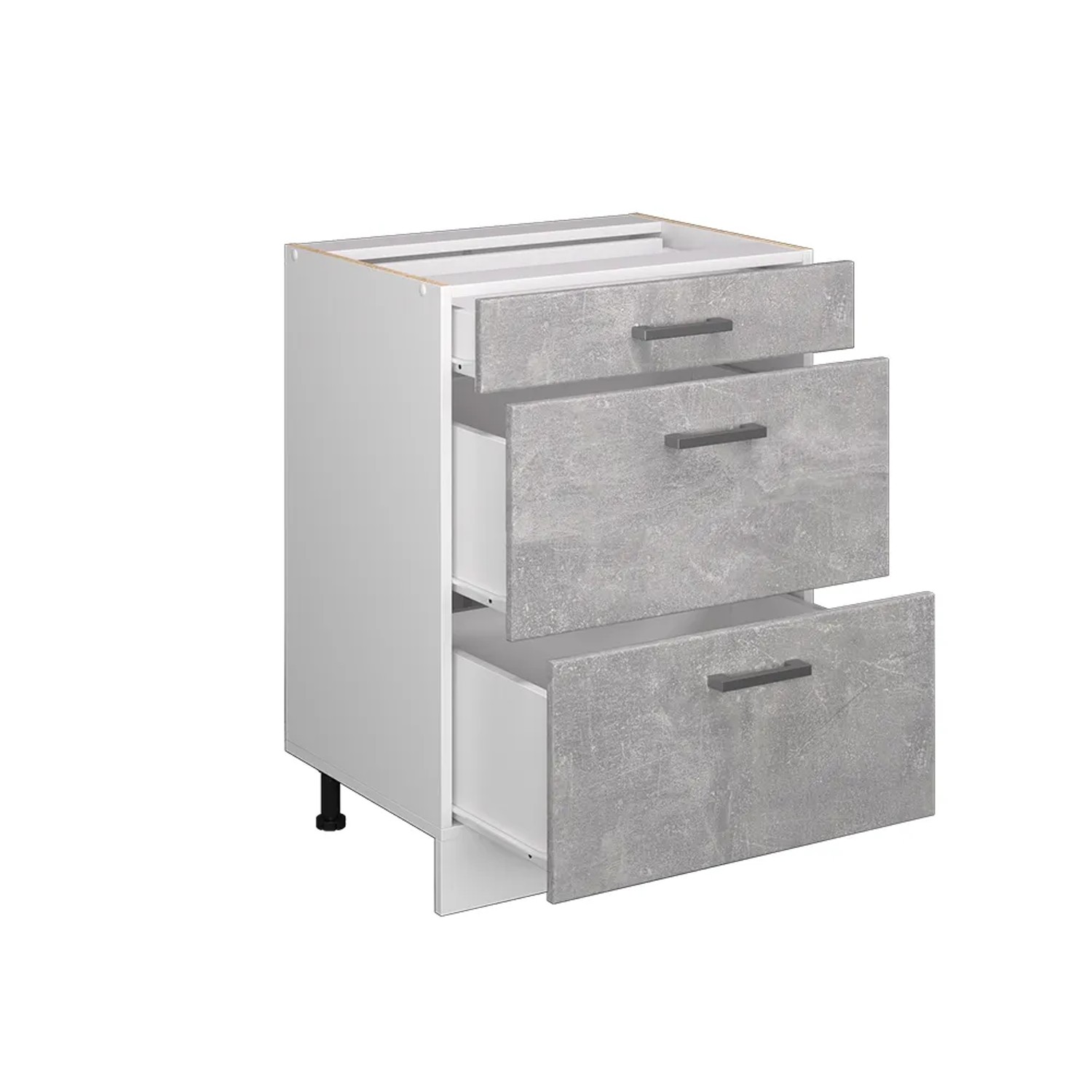 Vicco Küchenunterschrank R-Line, Beton/Weiß, 60 cm, mit Schubladen in Anthrazit.