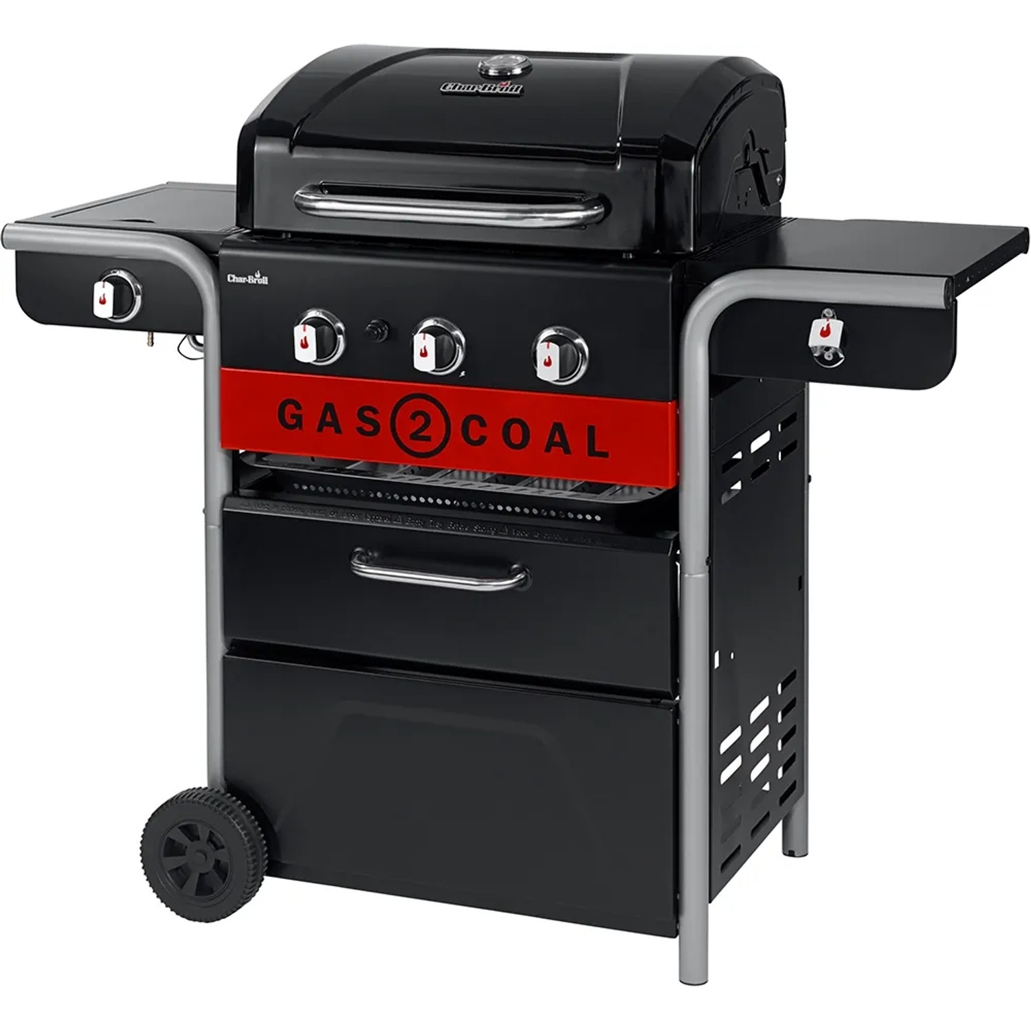 Char-Broil Gas2Coal 330 Kombigrill mit 3 Brennern und Seitenbrenner. Gas- und Holzkohlegrill in einem.