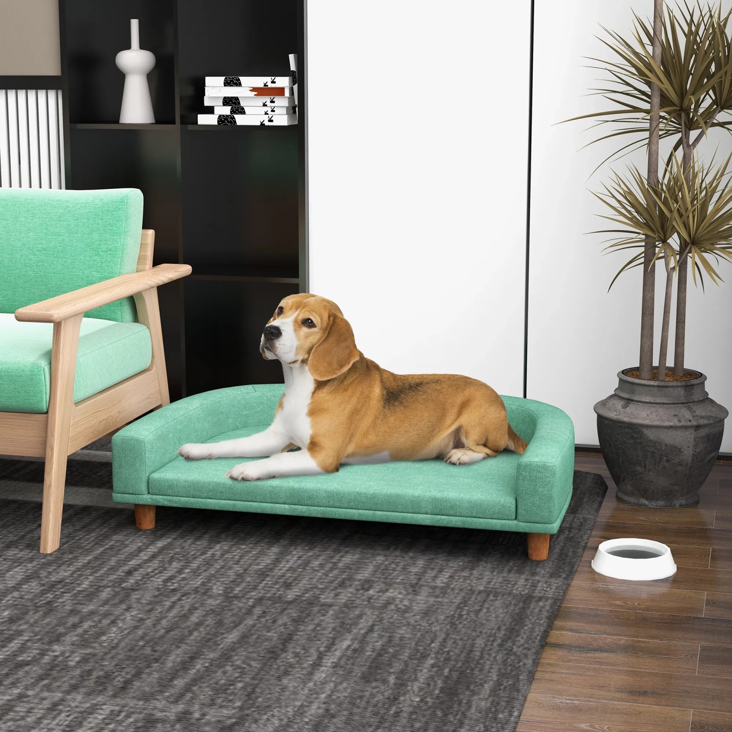 Hund liegt entspannt auf mintgrünem PawHut Hundesofa mit Holzbeinen.