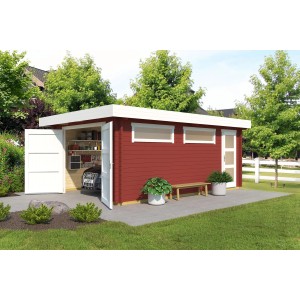 Schwedenrote Lasita Garage Canberra mit Holztor, seitlicher Tür und Milchglasfenstern.