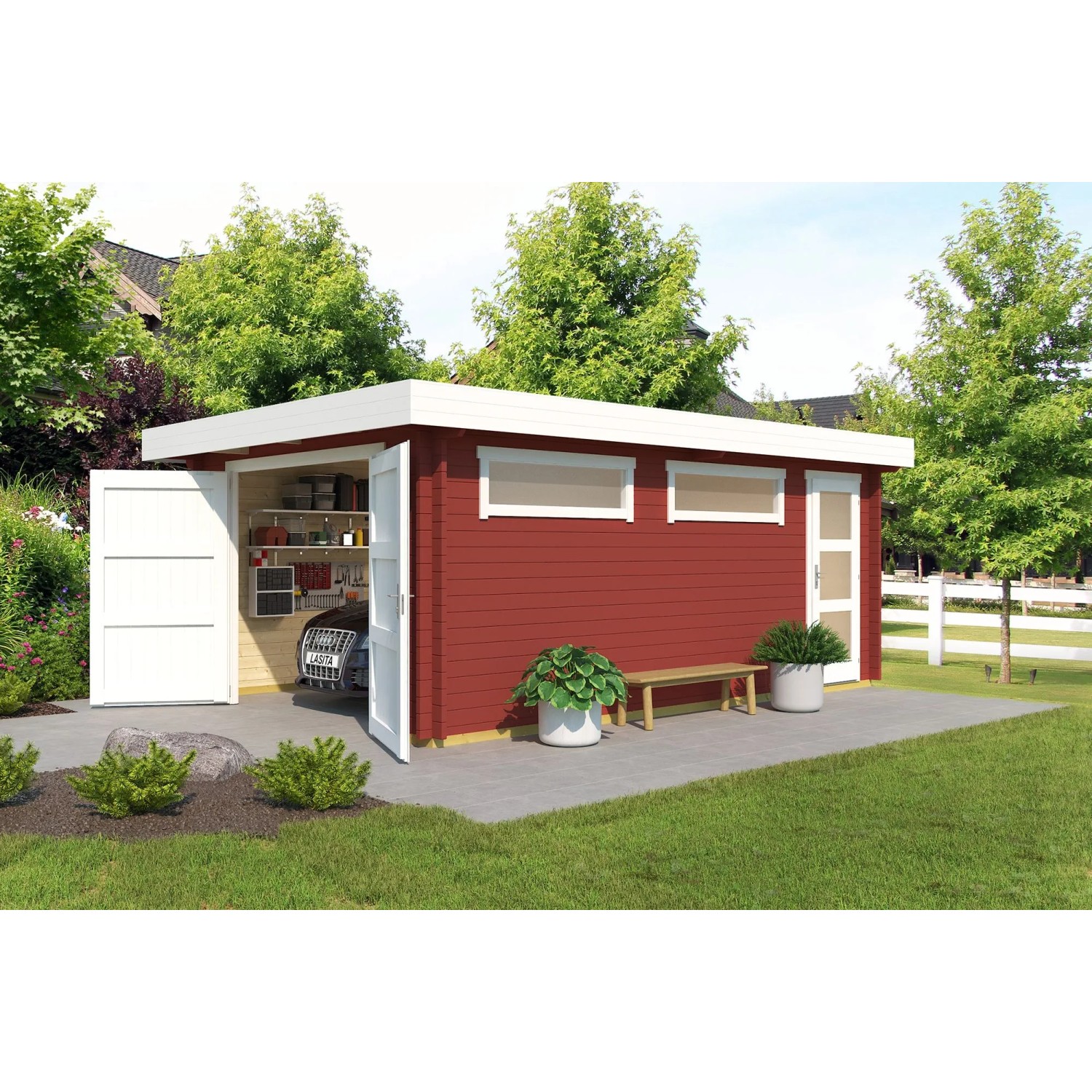 Lasita Garage Canberra mit Holztor 360 cm x 540 cm Schwedenrot