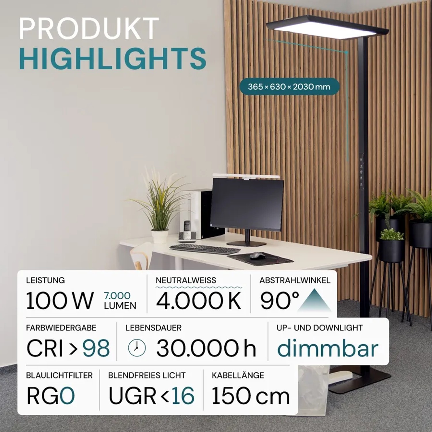LUXULA LED Stehleuchte 100W 7000lm Bürostehleuchte Up- Downlight Augenschonend UGR16 CRI98 4000K Neutralweiß Dimmbar Stehlampe Schwarz_2