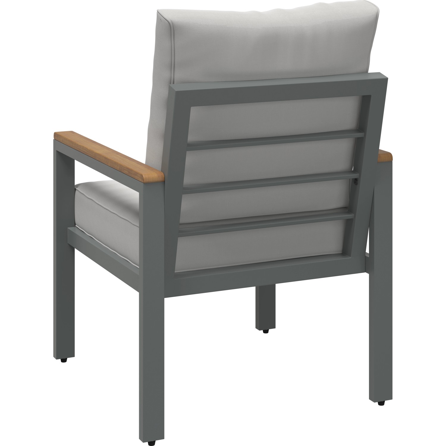 Detailansicht Stuhl der Loungegruppe Moonbeam, anthrazitfarbenes Gestell, beige Polster.