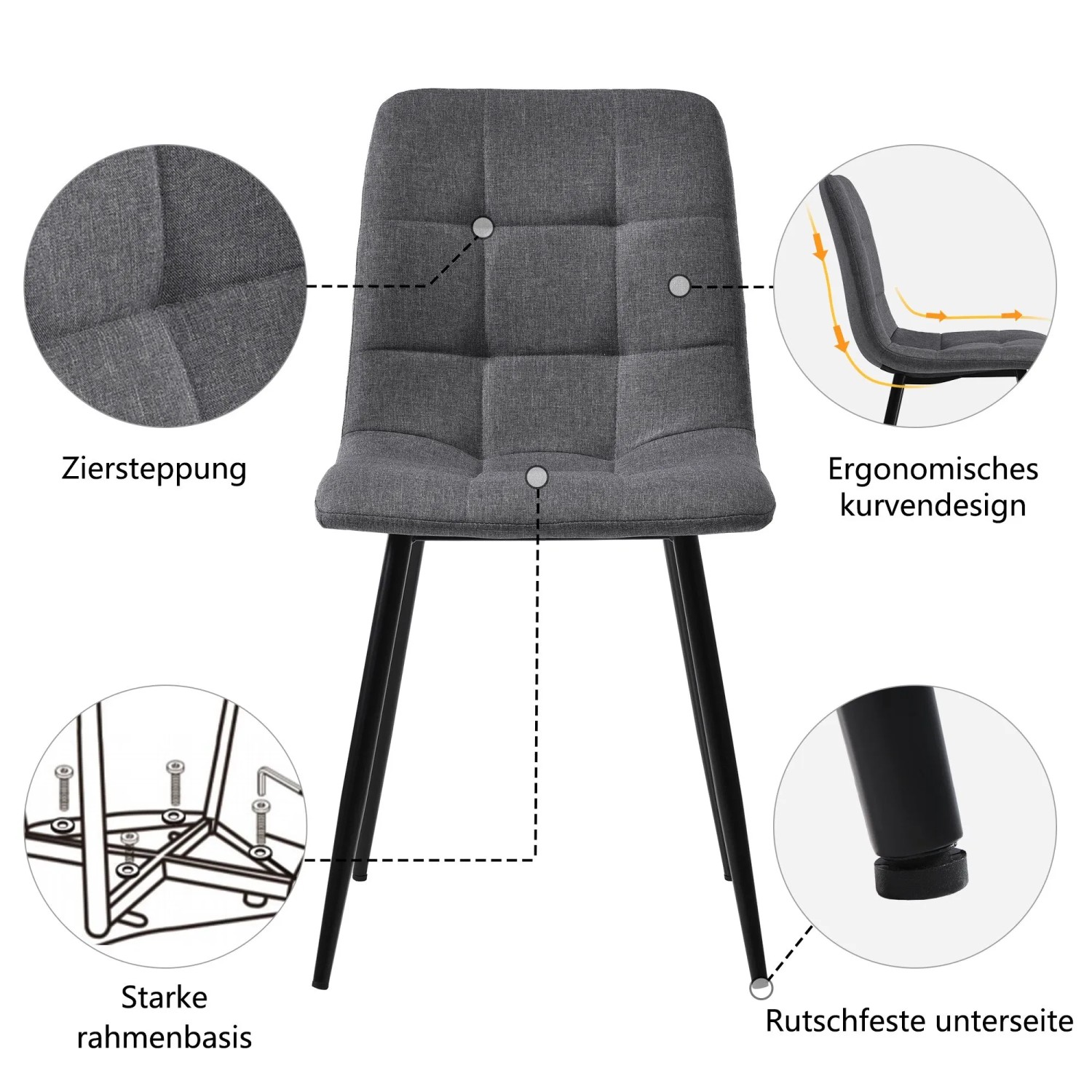 Grauer Esszimmerstuhl mit Ziersteppung, ergonomischem Design und schwarzen Metallbeinen. Stabile Basis, rutschfeste Füße.