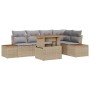 Beige-graue 6-tlg. vidaXL Garten Essgruppe mit Kissen aus Polyrattan, Stahl und Akazienholz.