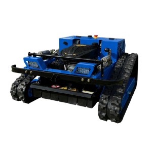 Blauer CARTIWELL CW-500 PLUS Ferngesteuerter Benzin-Rasenmäher mit Kettenantrieb für Hänge und unwegsames Gelände.