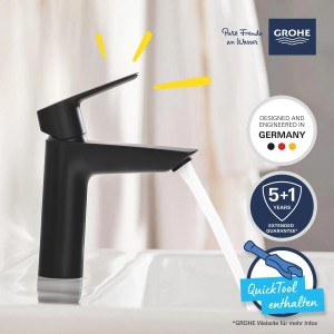 Schwarze Grohe QuickFix Waschtischarmatur Start M mit Wasserstrahl und QuickTool.