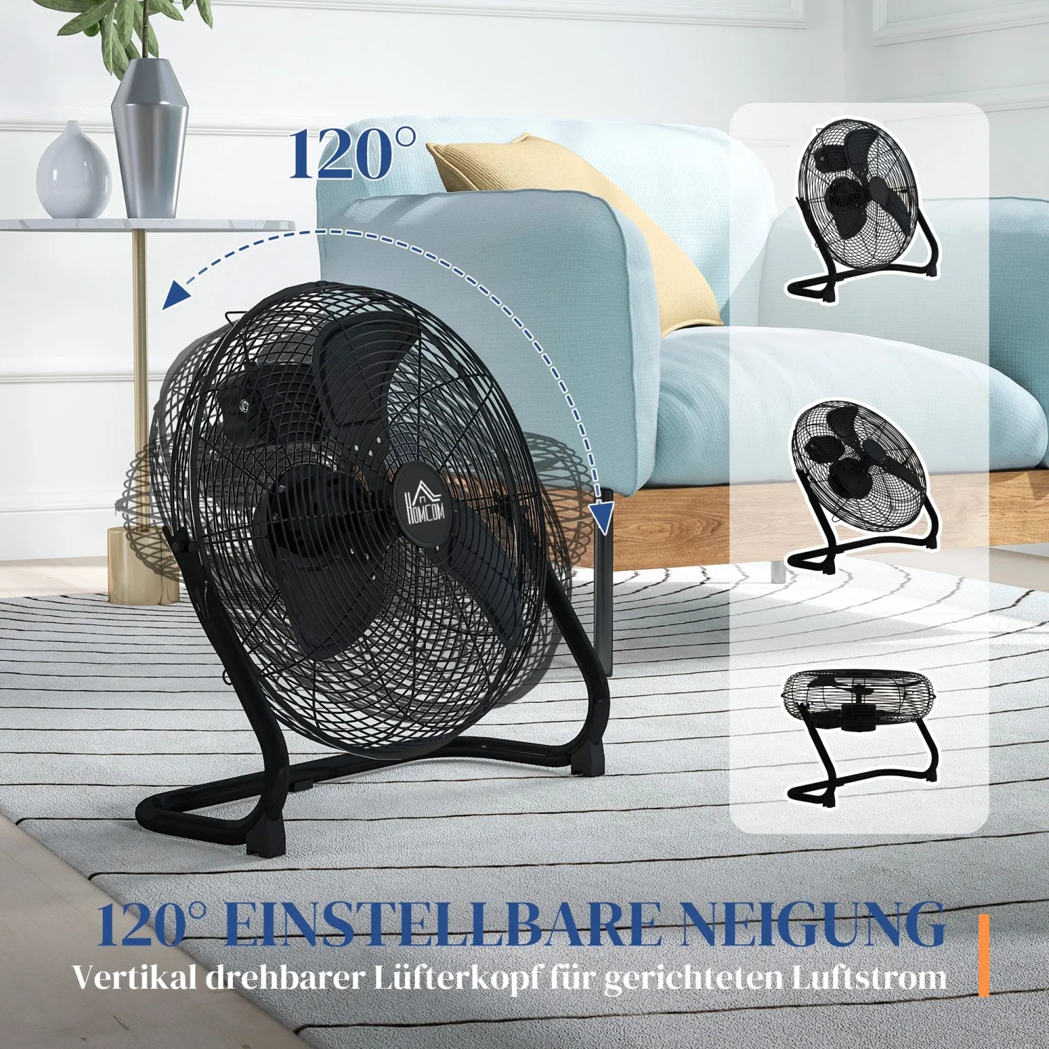 HOMCOM Tischventilator, schwarz, mit 120° Neigung und 3 Geschwindigkeiten für optimale Kühlung.