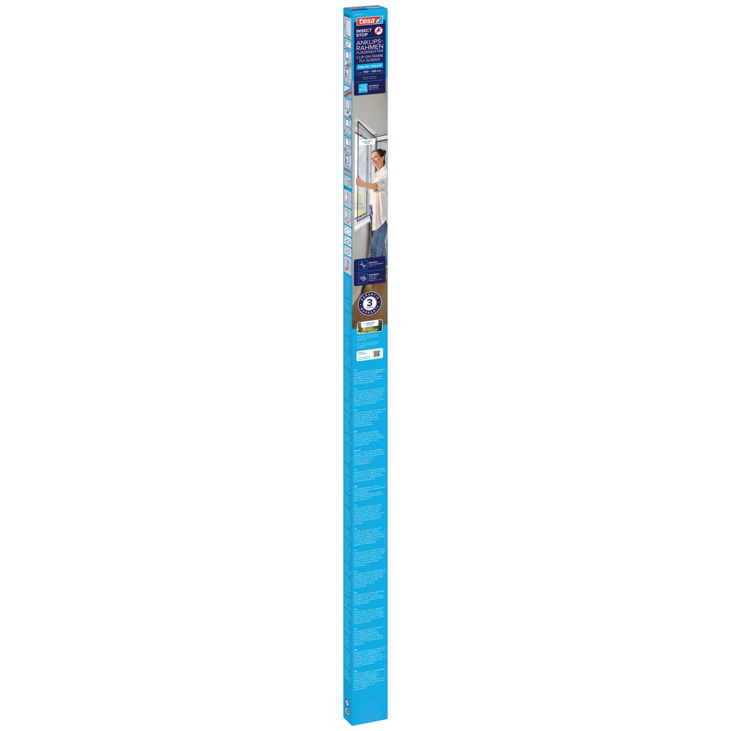 Verpackung des tesa® Insect Stop Anklips-Rahmen Fenster in Anthrazit. Insektenschutz für Fenster.