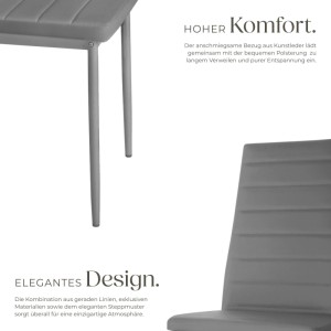 Grauer Esszimmerstuhl mit gepolstertem Kunstlederbezug, hoher Rückenlehne und Steppmuster. Modernes, elegantes Design.