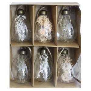 6 Glas-Eier mit Naturgräsern als Osterdeko im Karton.