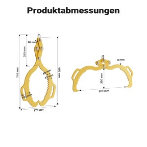 Abmessungen der gelben Wiltec Forstzange und Rückezange für Holzstämme bis 520 mm.