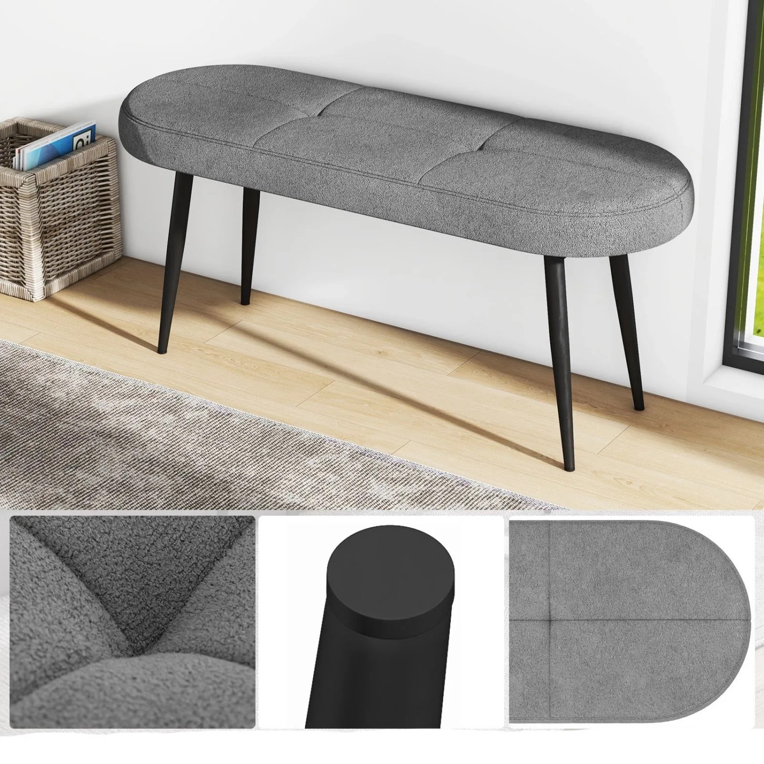 Graue Polsterbank (113 cm) mit Knopfdetails und schwarzen Metallbeinen im Flur. Ideal als Schuhbank.