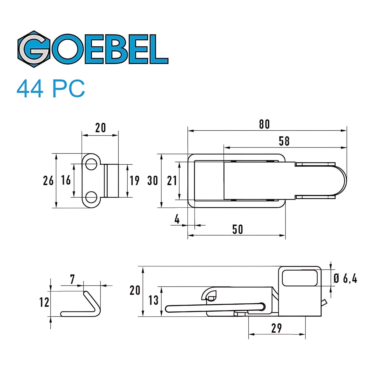 Technische Zeichnung: Goebel Spannverschluss 44 PC aus Edelstahl A2 mit Maßen für Montage und Funktion.
