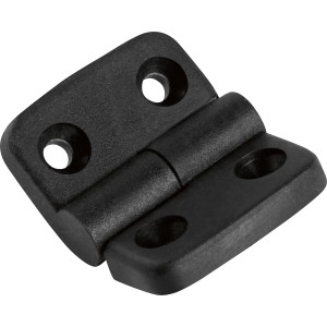 Schwarzes Aushebescharnier aus Polyamid, linke Ausführung, 59x48mm, für bewegliche Verbindungen.