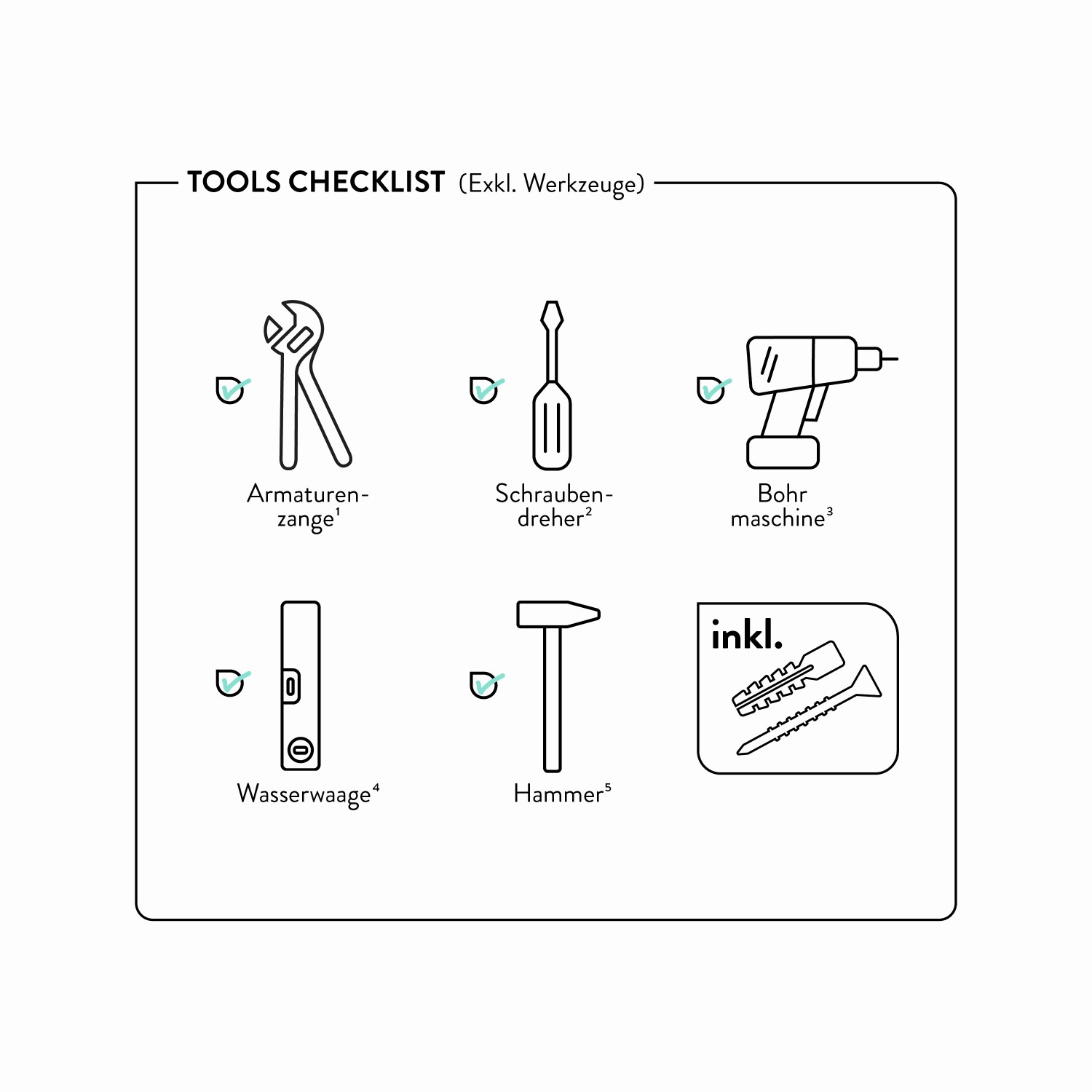 Checkliste Werkzeuge: Rohrzange, Schraubendreher, Bohrmaschine, Wasserwaage, Hammer, Dübel