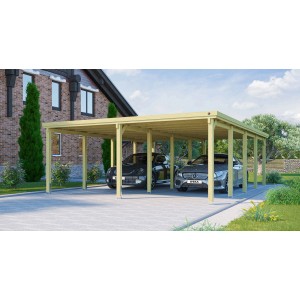 Weka Doppelcarport aus Holz mit Trapezblechdach für zwei PKW im Garten.