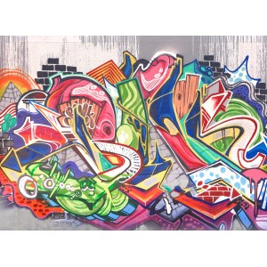 Bunte Graffiti Fototapete mit abstrakten Formen in Grau, Grün, Rot, Orange und Blau.