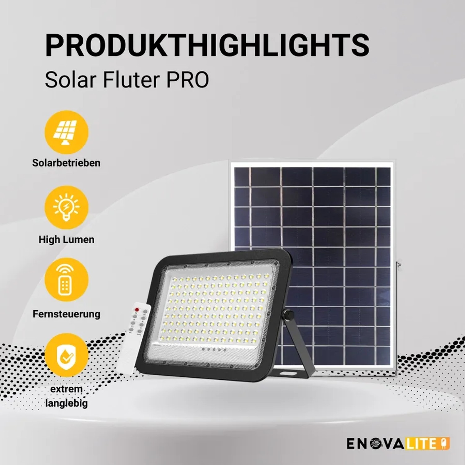 ENOVALITE Solarstrahler PRO 100W mit Solarpanel, Fernbedienung und Dämmerungssensor.